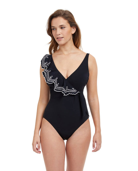 Front View Of Profile By Gottex Lola V-Neck Surplice Ruffle One Piece Swimsuit | PROFILE LOLA