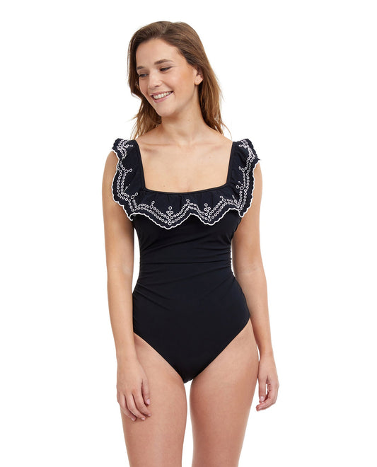 Front View Of Profile By Gottex Lola Square Neck Ruffle One Piece | PROFILE LOLA