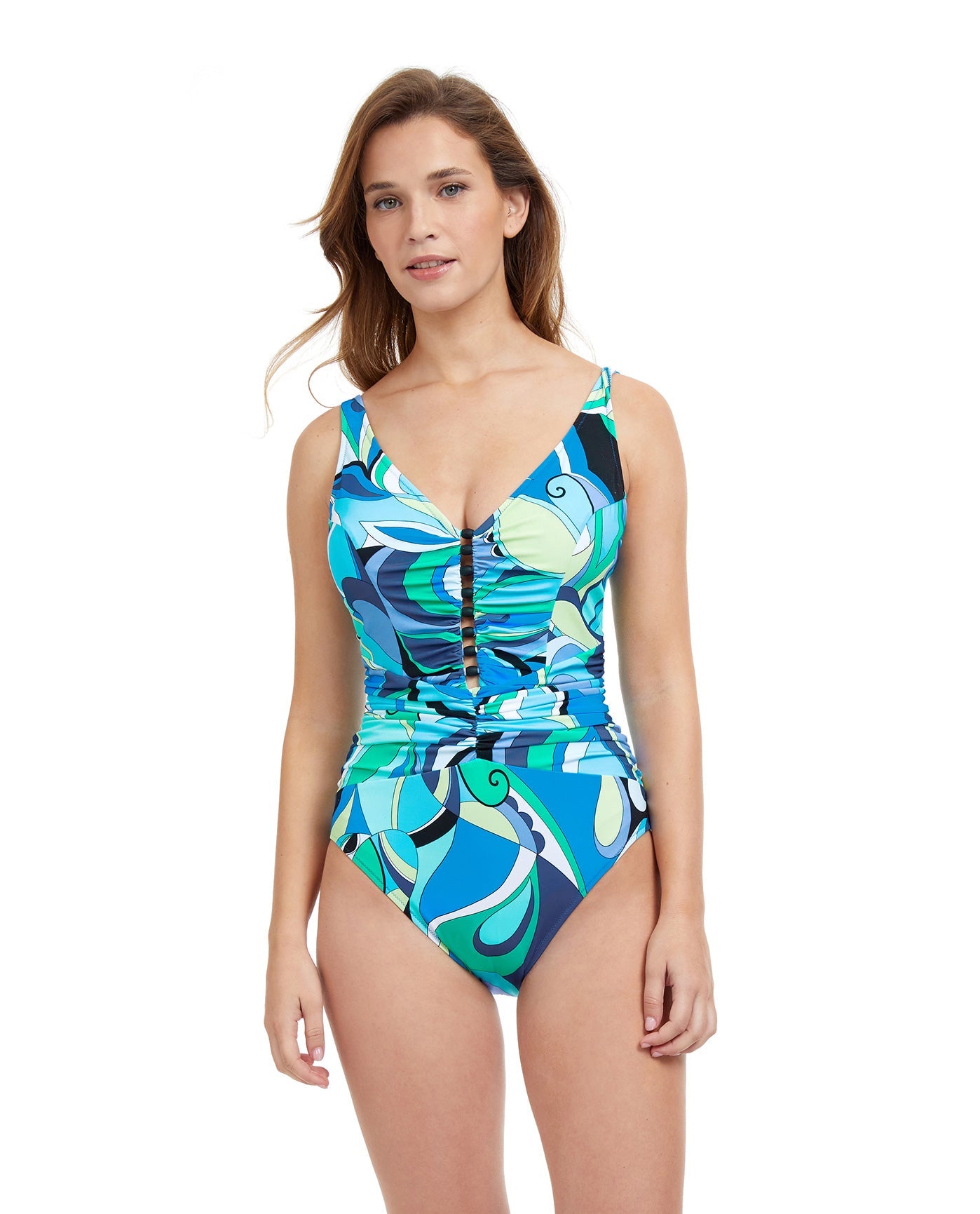 Front View Of Profile By Gottex Retro Love V-Neck Shirred Waist One Piece Swimsuit | PROFILE RETRO LOVE BLUE
