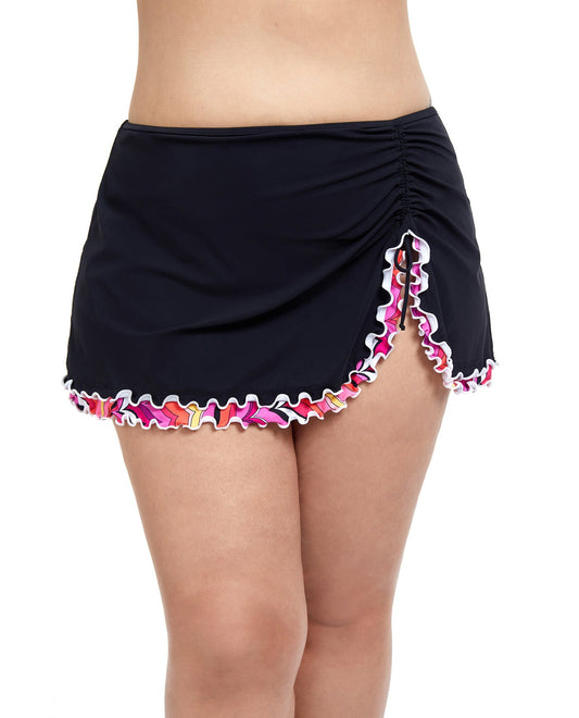 Front View Of Profile By Gottex Palm Springs Plus Size Side Slit Cinch Swim Skirt | PROFILE PALM SPRINGS BLACK