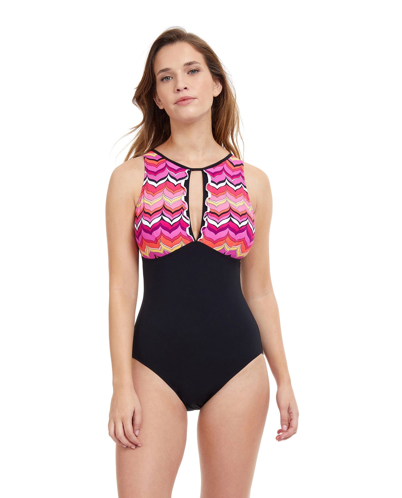 Front View Of Profile By Gottex Palm Springs High Neck Cut Out One Piece Swimsuit | PROFILE PALM SPRINGS PINK