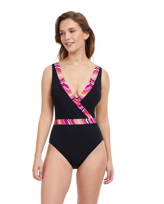 Front View Of Profile By Gottex Palm Springs V-Neck One Piece Swimsuit | PROFILE PALM SPRINGS BLACK