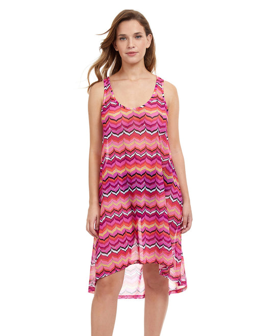 Front View Of Profile By Gottex Palm Springs High Low Mesh Beach Dress Cover Up | PROFILE PALM SPRINGS PINK