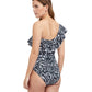Back View Of Profile By Gottex Black Swan Ruffle One Shoulder One Piece Swimsuit | PROFILE BLACK SWAN