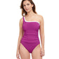 Front View Of Profile By Gottex French Pleats Ruffle One Shoulder One Piece Swimsuit | PROFILE FRENCH PLEATS WARM VIOLET