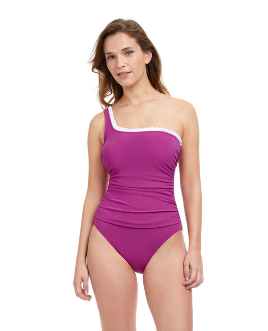 Front View Of Profile By Gottex French Pleats Ruffle One Shoulder One Piece Swimsuit | PROFILE FRENCH PLEATS WARM VIOLET