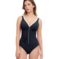 Front View Of Profile By Gottex French Pleats D-Cup V-Neck Shirred One Piece Swimsuit | PROFILE FRENCH PLEATS BLACK