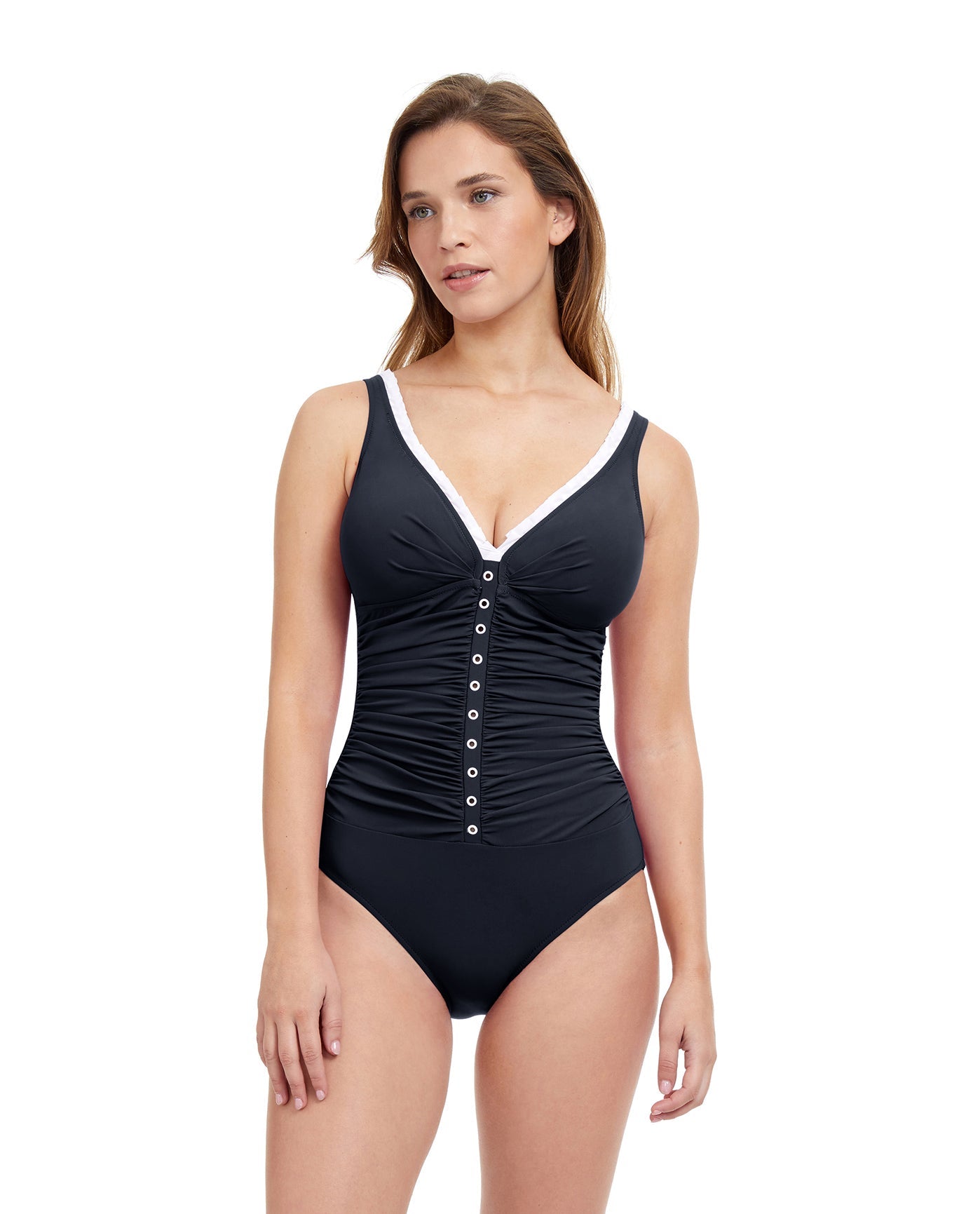 Front View Of Profile By Gottex French Pleats D-Cup V-Neck Shirred One Piece Swimsuit | PROFILE FRENCH PLEATS BLACK