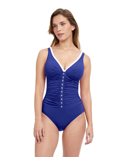 Front View Of Profile By Gottex French Pleats D-Cup V-Neck Shirred One Piece Swimsuit | PROFILE FRENCH PLEATS DEEP BLUE