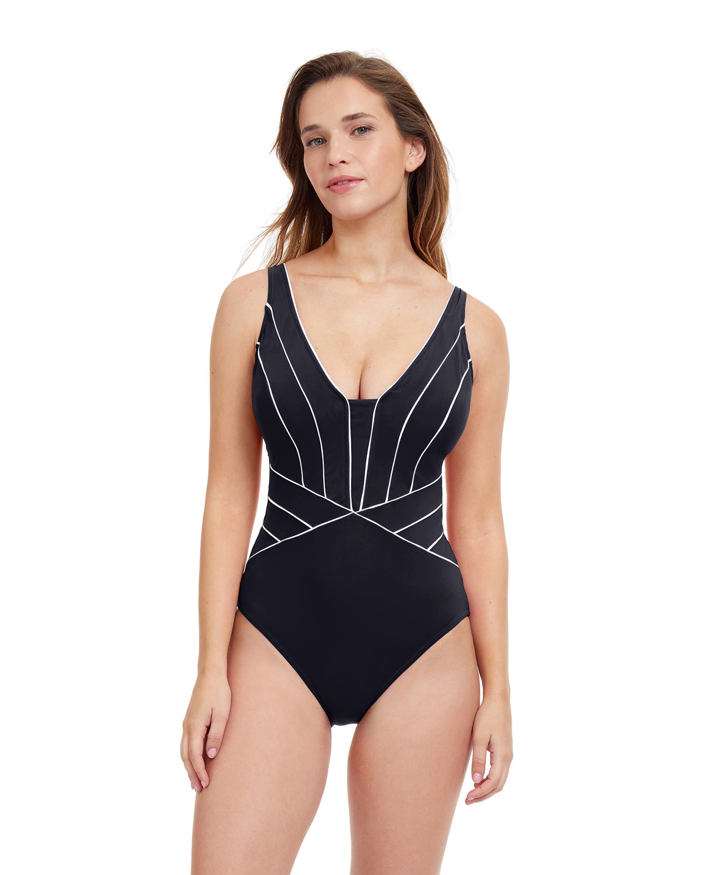 Front View Of Profile By Gottex Line Up V-Neck One Piece Swimsuit | PROFILE LINE UP BLACK