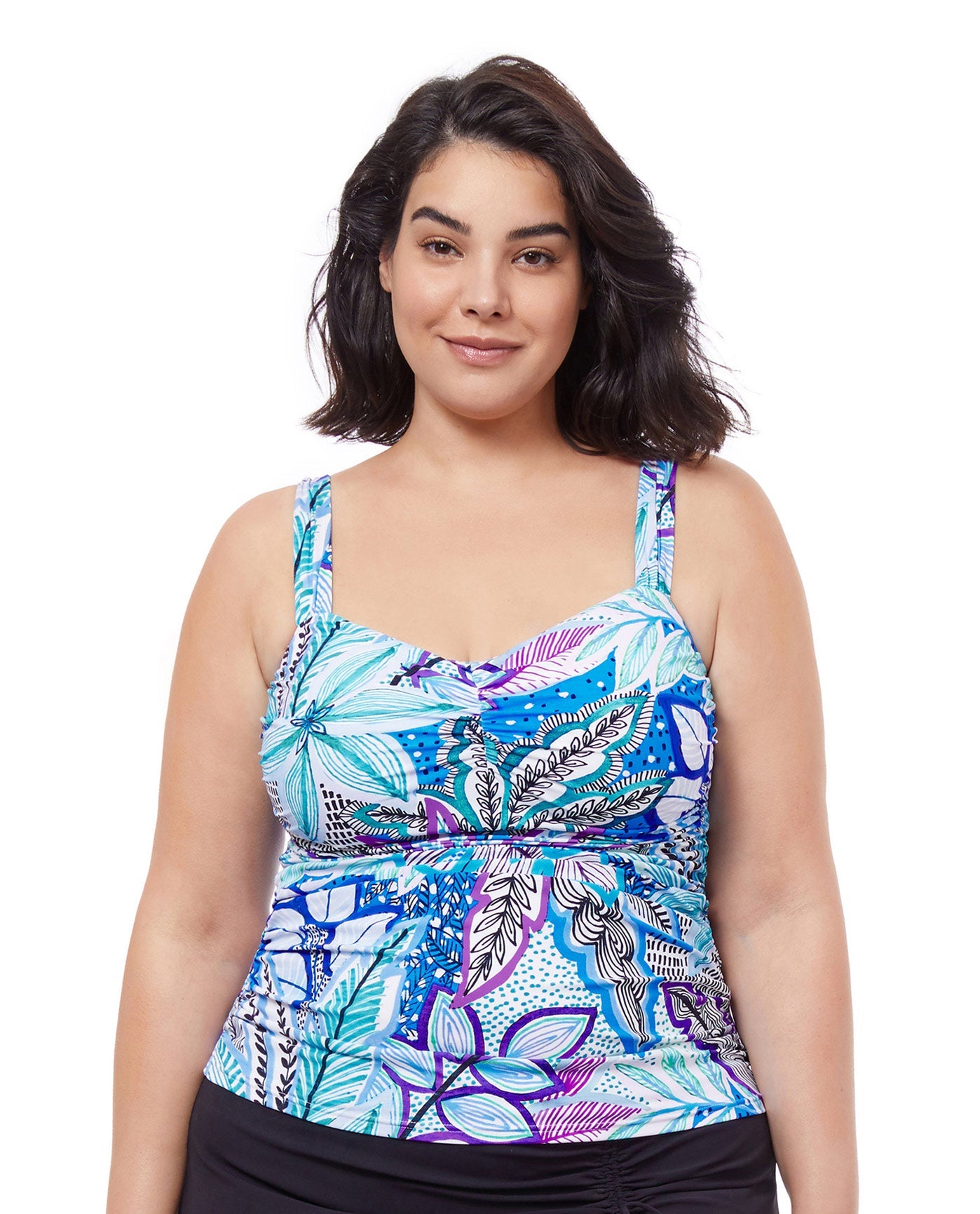 Front View Of Profile By Gottex Tropic Boom Shirred Underwire Tankini Top | PROFILE TROPIC BOOM BLUE