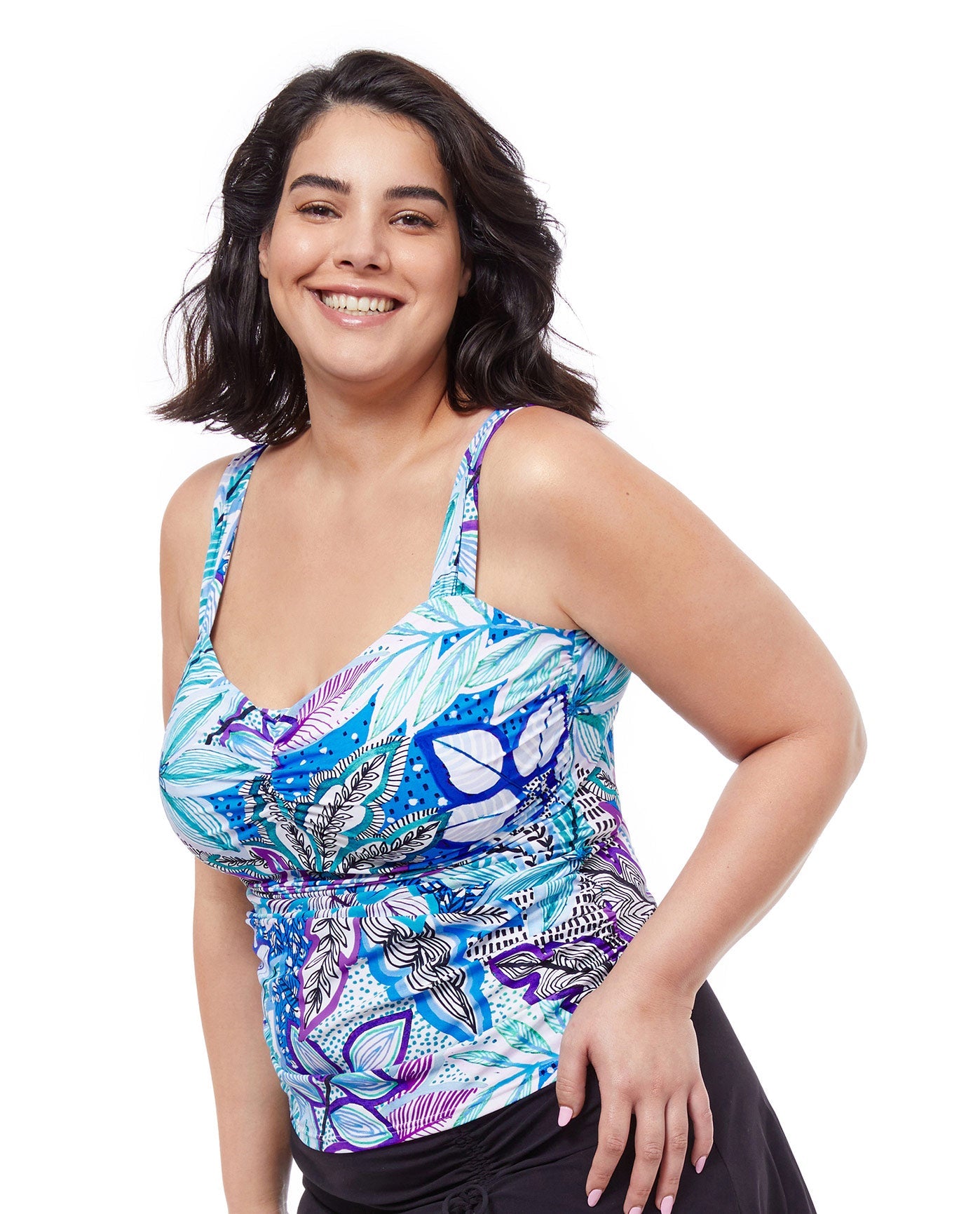 Side View Of Profile By Gottex Tropic Boom Shirred Underwire Tankini Top | PROFILE TROPIC BOOM BLUE