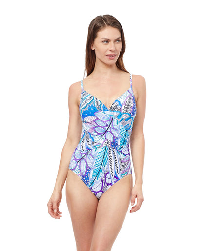 Front View Of Profile By Gottex Tropic Boom V-Neck Surplice One Piece Swimsuit | PROFILE TROPIC BOOM BLUE