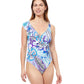 Front View Of Profile By Gottex Tropic Boom V-Neck Surplice Ruffle One Piece Swimsuit | PROFILE TROPIC BOOM BLUE