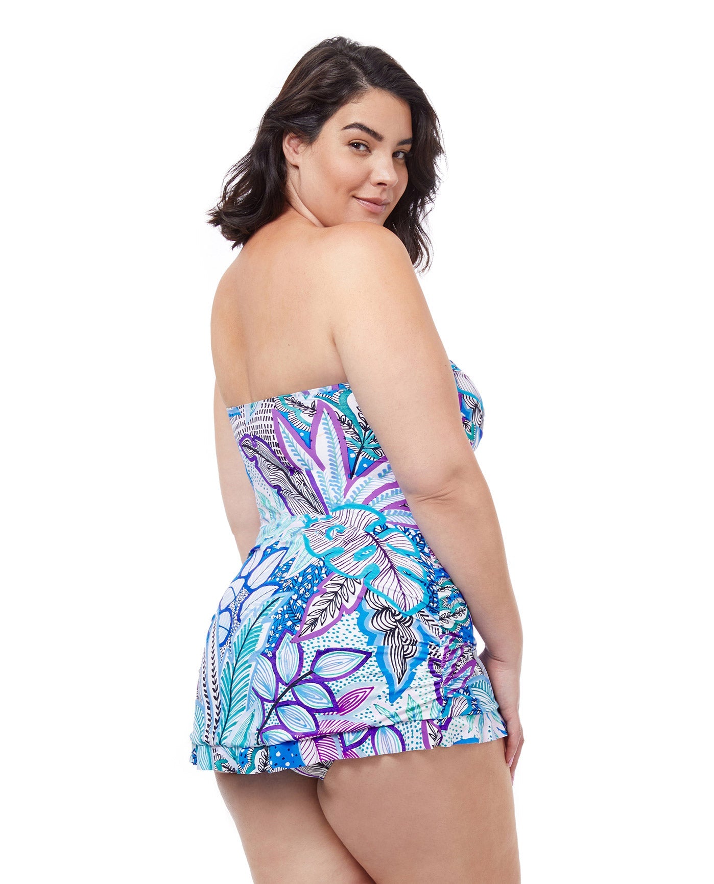 Back View Of Profile By Gottex Tropic Boom Bandeau Strapless Swimdress | PROFILE TROPIC BOOM BLUE