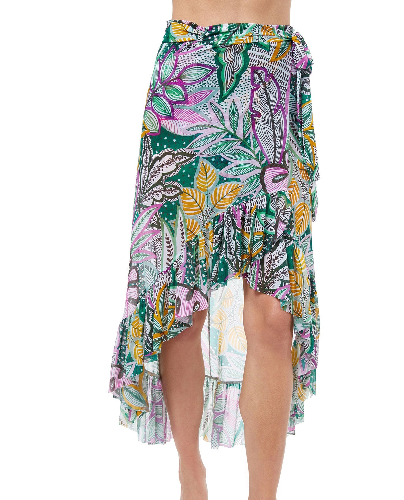 Profile by Gottex Tropic Boom Ruffled High Low Mesh Cover Up Wrap Skirt, Cover Up