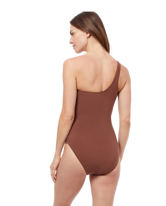 Back View Of Profile By Gottex Iota One Shoulder One Piece Swimsuit | PROFILE IOTA DARK BROWN