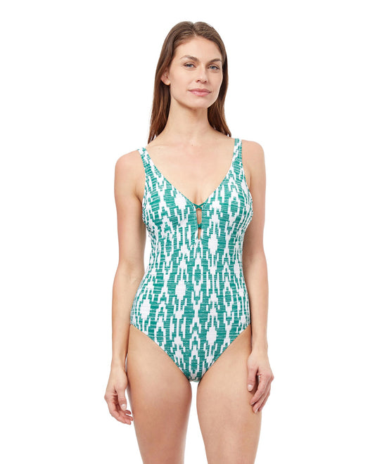 Front View Of Profile By Gottex Iota Deep V-Neck One Piece Swimsuit | PROFILE IOTA EMERALD AND WHITE