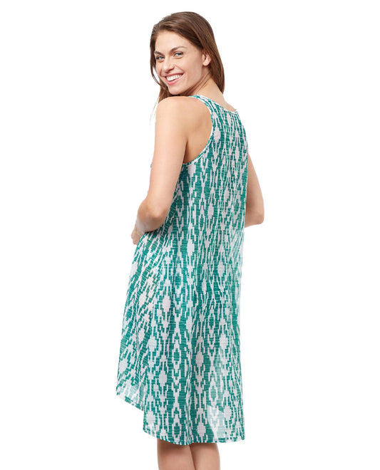 Back View Of Profile By Gottex Iota High Low Mesh Beach Dress Cover Up | PROFILE IOTA EMERALD AND WHITE