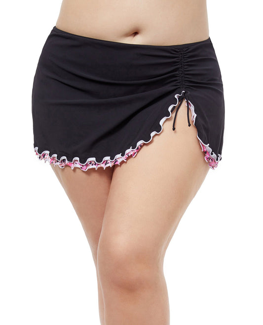 Front View Of Profile By Gottex Pretty Wild Plus Size Side Slit Cinch Swim Skirt | PROFILE PRETTY WILD BLACK