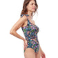Side View Of Profile By Gottex Flora Ruffle One Shoulder One Piece Swimsuit | PROFILE FLORA BLACK