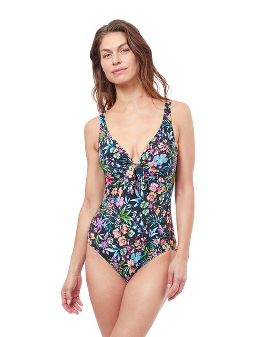 Front View Of Profile By Gottex Flora Tie Front Underwire V-Neck One Piece Swimsuit | PROFILE FLORA BLACK