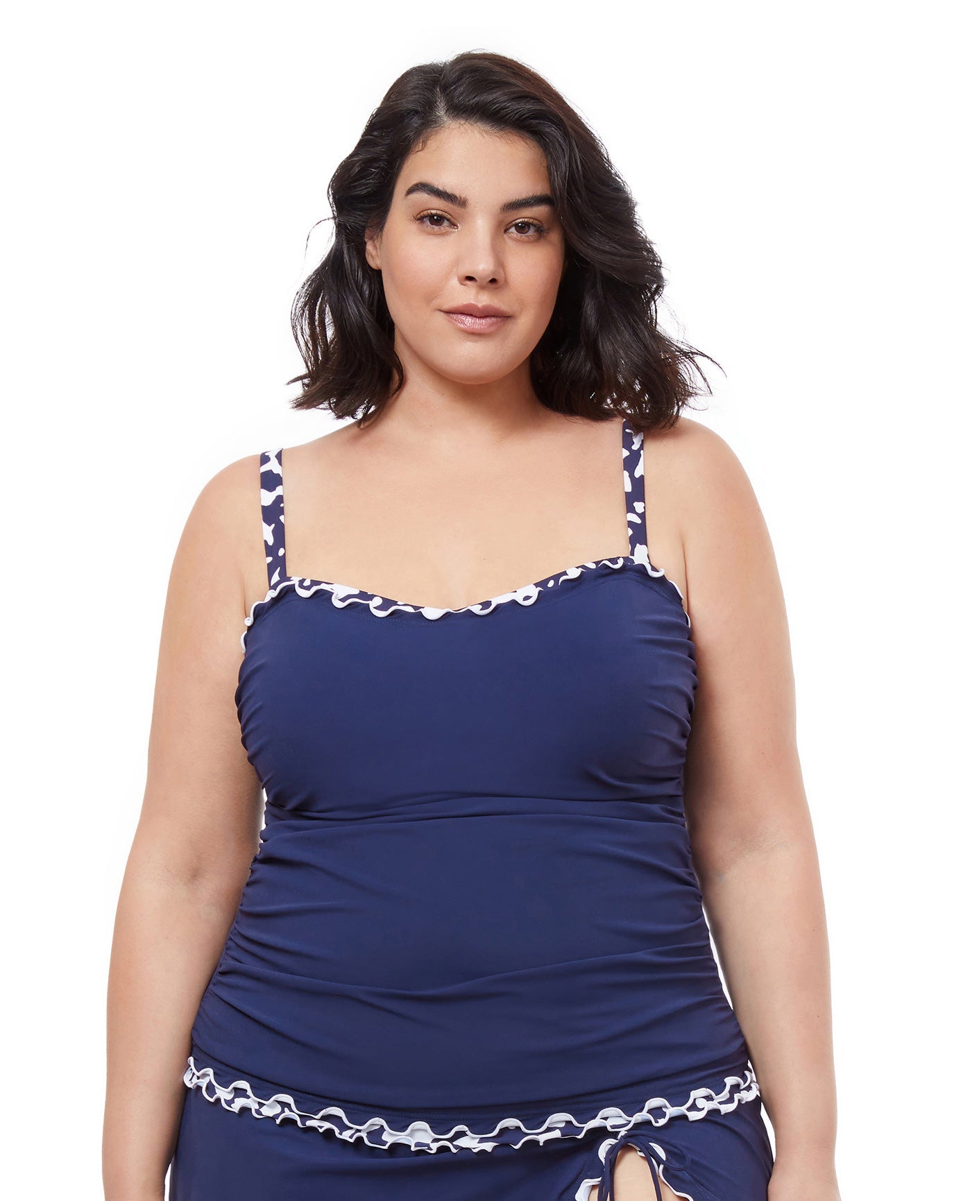 Front View Of Profile By Gottex Pop Floras Shirred Underwire Tankini Top | PROFILE POP FLOWER NAVY