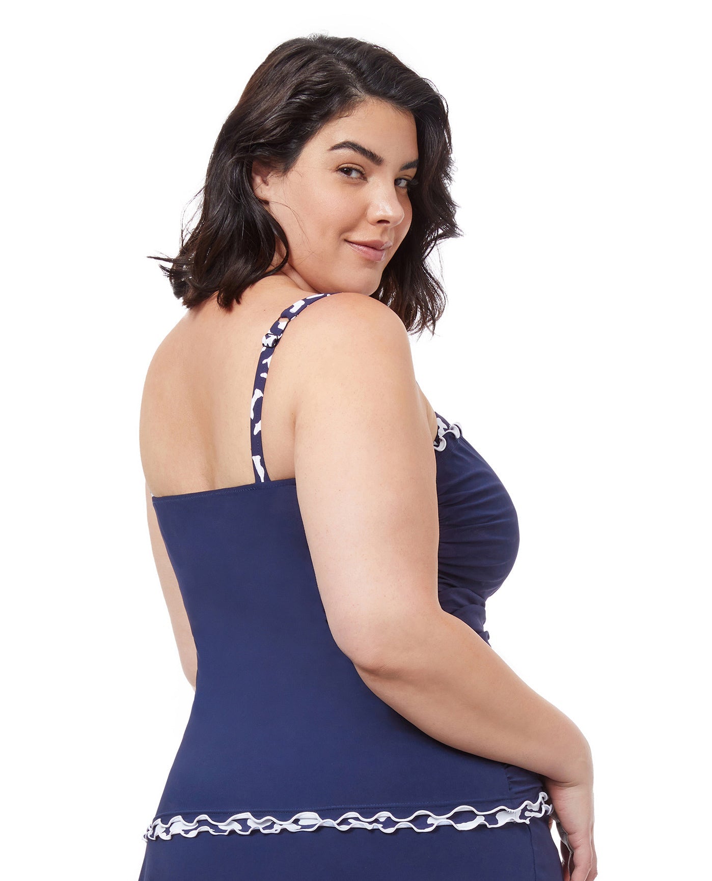 Back View Of Profile By Gottex Pop Floras Shirred Underwire Tankini Top | PROFILE POP FLOWER NAVY