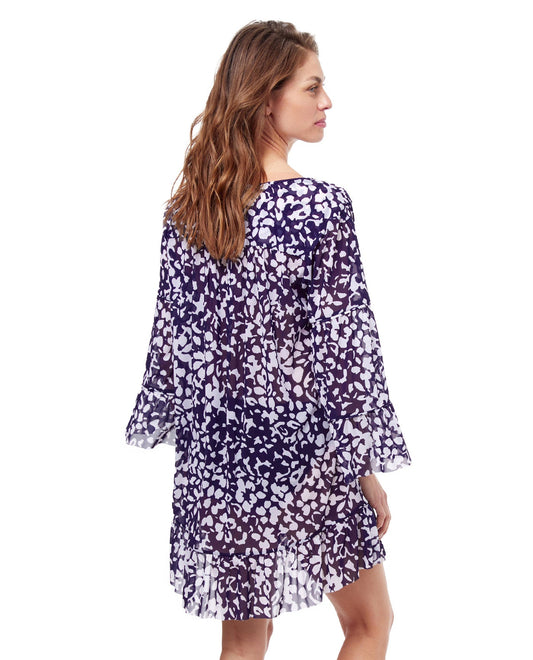 Back View Of Profile By Gottex Pop Floras V Neck Mesh Tunic Cover Up | PROFILE POP FLOWER WHITE