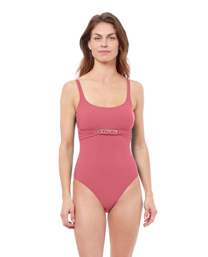 Front View Of Profile By Gottex Unchain My Heart Round Neck One Piece Swimsuit | PROFILE UNCHAIN MY HEART LIGHT MAHOGANY