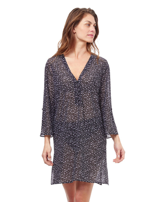 Front View Of Profile By Gottex Bash V-Neck Long Sleeve Mesh Tunic Cover Up | PROFILE BASH