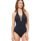 Front View Of Profile By Gottex Notre Dame Halter V-Neck One Piece Swimsuit | PROFILE NOTRE DAME BLACK