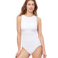 Front View Of Profile By Gottex Notre Dame High Neck Laser Cut One Piece Swimsuit | PROFILE NOTRE DAME WHITE