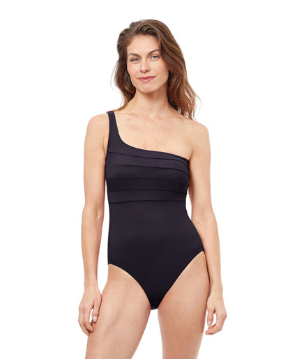 Front View Of Profile By Gottex Phoebe One Shoulder One Piece Swimsuit | PROFILE PHOEBE BLACK
