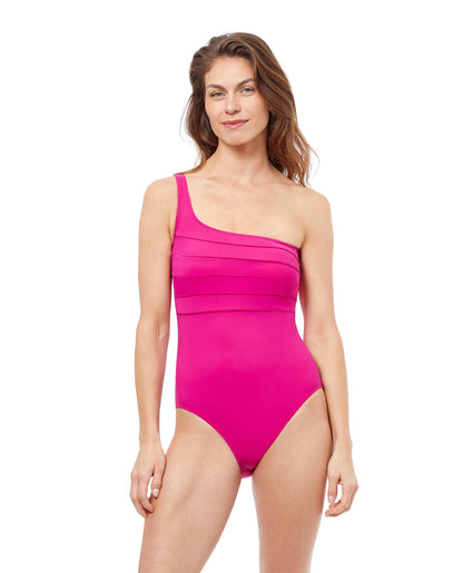 Front View Of Profile By Gottex Phoebe One Shoulder One Piece Swimsuit | PROFILE PHOEBE FUCHSIA