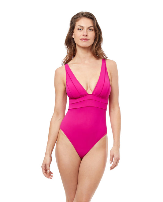 Front View Of Profile By Gottex Phoebe Deep V-Neck One Piece Swimsuit | PROFILE PHOEBE FUCHSIA