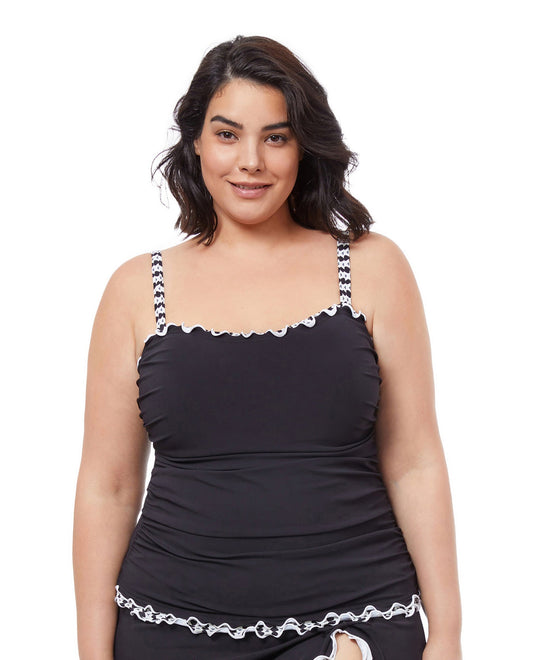 Front View Of Profile By Gottex Enya Shirred Underwire Tankini Top | PROFILE ENYA BLACK AND WHITE