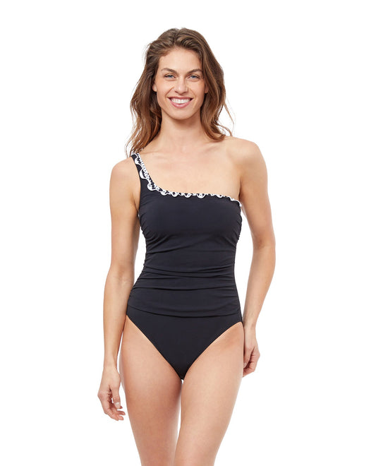 Front View Of Profile By Gottex Enya One Shoulder One Piece Swimsuit | PROFILE ENYA BLACK AND WHITE