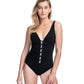 Front View Of Profile By Gottex Moto E-Cup Lace Up V-Neck Plunge Shirred One Piece Swimsuit | PROFILE MOTO DUSK BLACK AND WHITE