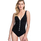 Front View Of Profile By Gottex Moto F-Cup Lace Up V-Neck Plunge Shirred One Piece Swimsuit | PROFILE MOTO DUSK BLACK AND WHITE