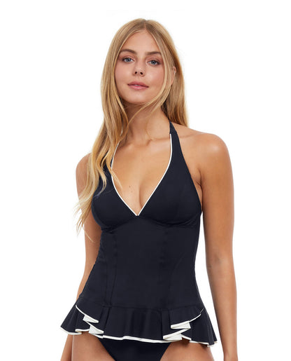 Front View Of Profile By Gottex Belle Curve V-Neck Halter Tankini Top | PROFILE BELLE CURVE BLACK AND WHITE