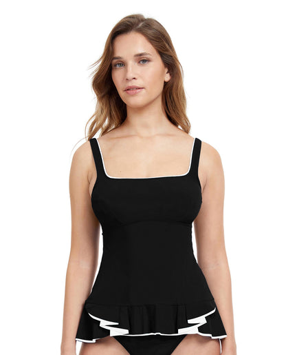 Front View Of Profile By Gottex Belle Curve D-Cup Scoop Neck Underwire Tankini Top | PROFILE BELLE CURVE BLACK AND WHITE
