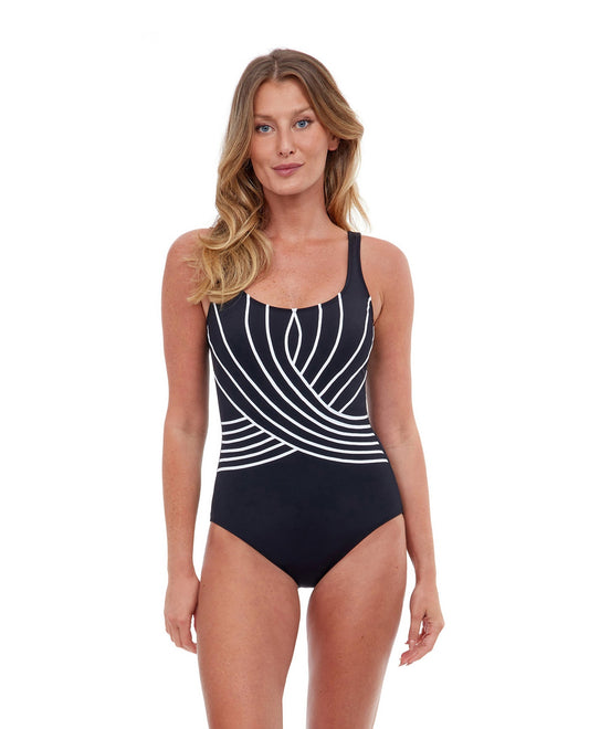 Front View Of Gottex Essentials Embrace Full Coverage Square Neck One Piece Swimsuit | Gottex Embrace Black And White
