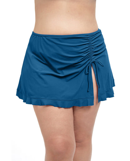 Front View Of Profile By Gottex Tutti Frutti Plus Size Side Slit Cinch Swim Skirt | PROFILE TUTTI FRUTTI PETROL