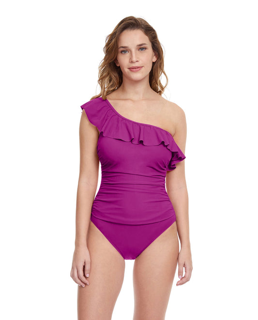 Front View Of Profile By Gottex Tutti Frutti Ruffle One Shoulder One Piece Swimsuit | PROFILE TUTTI FRUTTI WARM VIOLET