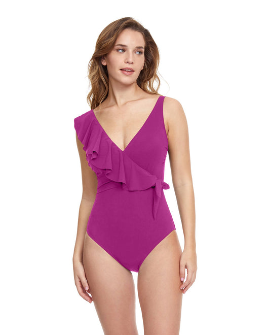 Front View Of Profile By Gottex Tutti Frutti V-Neck Surplice Ruffle One Piece Swimsuit | PROFILE TUTTI FRUTTI WARM VIOLET