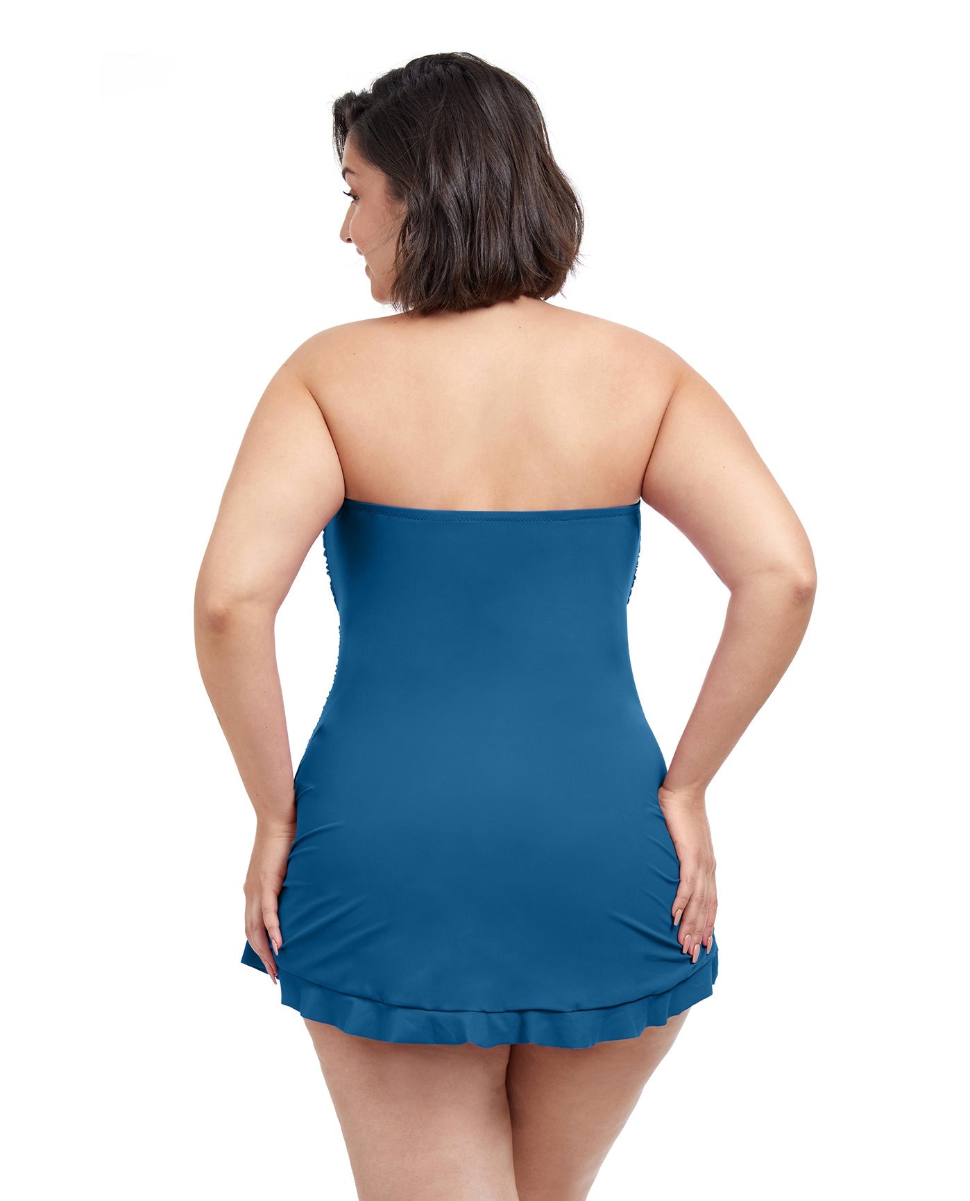 Back View Of Profile By Gottex Tutti Frutti Plus Size Bandeau Strapless Swimdress | PROFILE TUTTI FRUTTI PETROL