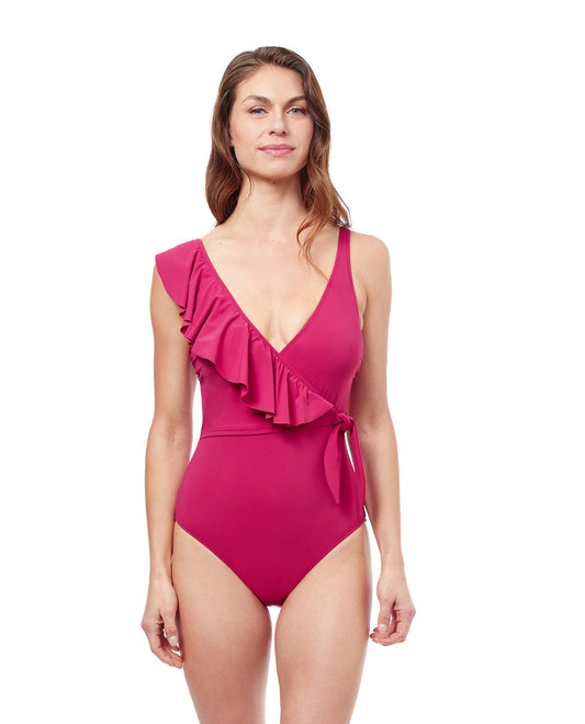 Front View Of Profile By Gottex Tutti Frutti V-Neck Surplice Ruffle One Piece Swimsuit | PROFILE TUTTI FRUTTI CHERRY