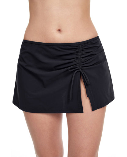 Front View Of Profile By Gottex Tutti Frutti Side Slit Cinch Swim Skirt | PROFILE TUTTI FRUTTI BLACK