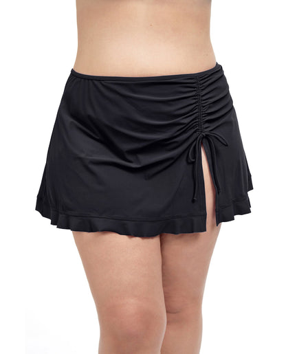 Front View Of Profile By Gottex Tutti Frutti Plus Size Side Slit Cinch Swim Skirt | PROFILE TUTTI FRUTTI BLACK